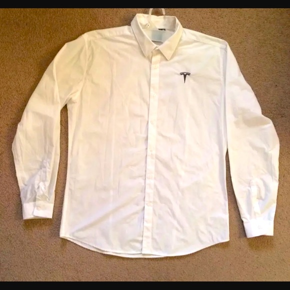 TESLA - Men's Size XL White Button Up Long Sleeve Collared Dress Shirt Logo - Picture 7 of 10